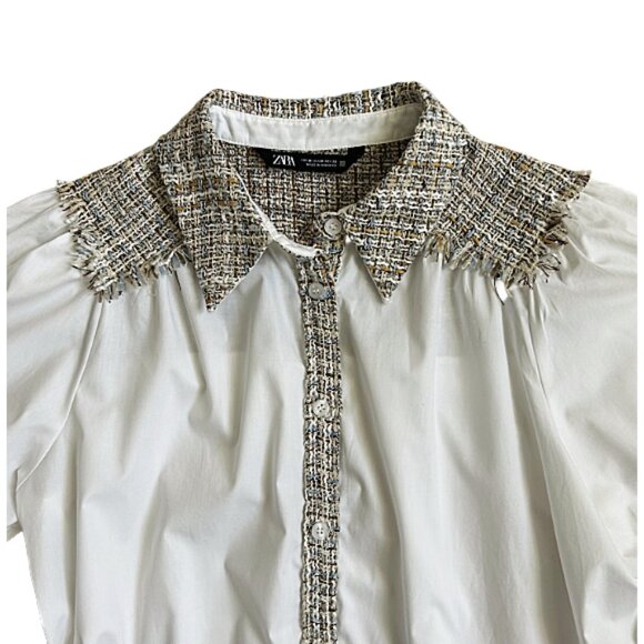 Zara White Puff Sleeve Blouse Cream Tweed Trim Contrast Button Front Shirt M - Picture 4 of 10